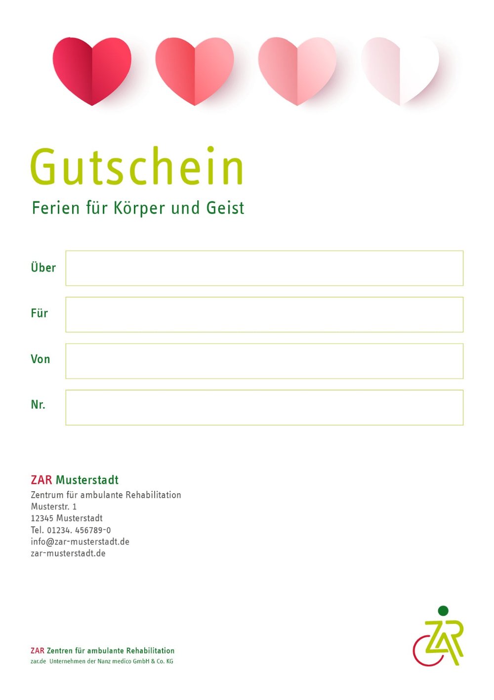 Geschenkgutschein-Voransicht über buchbare Behandlungen im ZAR Kiel - mit Herz-Motiv, perfekt als Valentinstags-Geschenk.