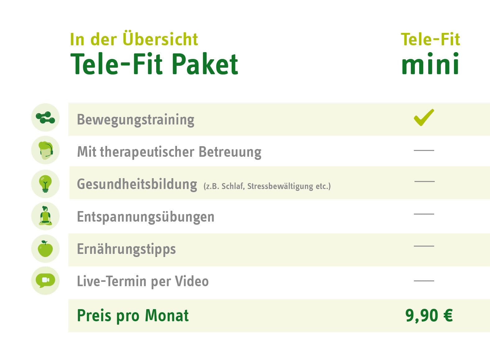 Tele-Fit mini Paket-Übersicht für das Online-Training-Programm des ZAR Kiel, perfekt für das Training zu jeder Zeit, an jedem Ort.