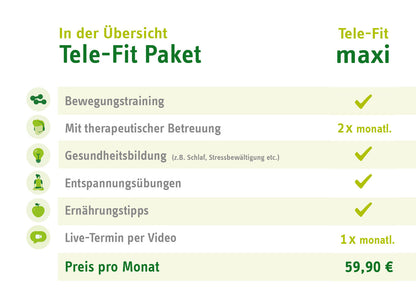 Online-Training Tele-Fit maxi im ZAR Kiel: Übersicht mit Bewegungstraining, 2x mtl. Betreuung, Live-Video-Termin für 59,90€/Monat.